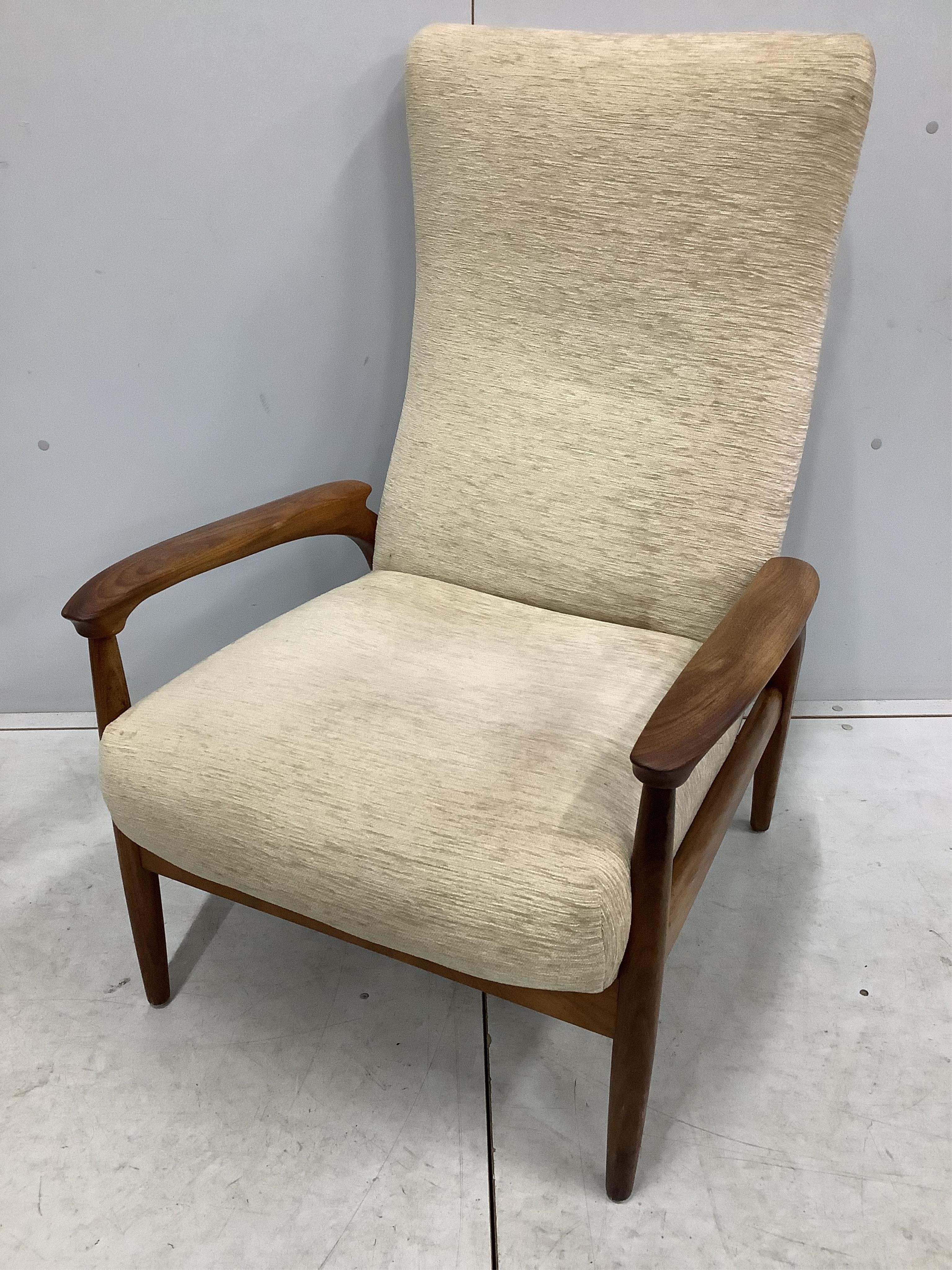 Two mid century armchairs, larger width 66cm, depth 62cm, height 99cm. Condition - fair to good